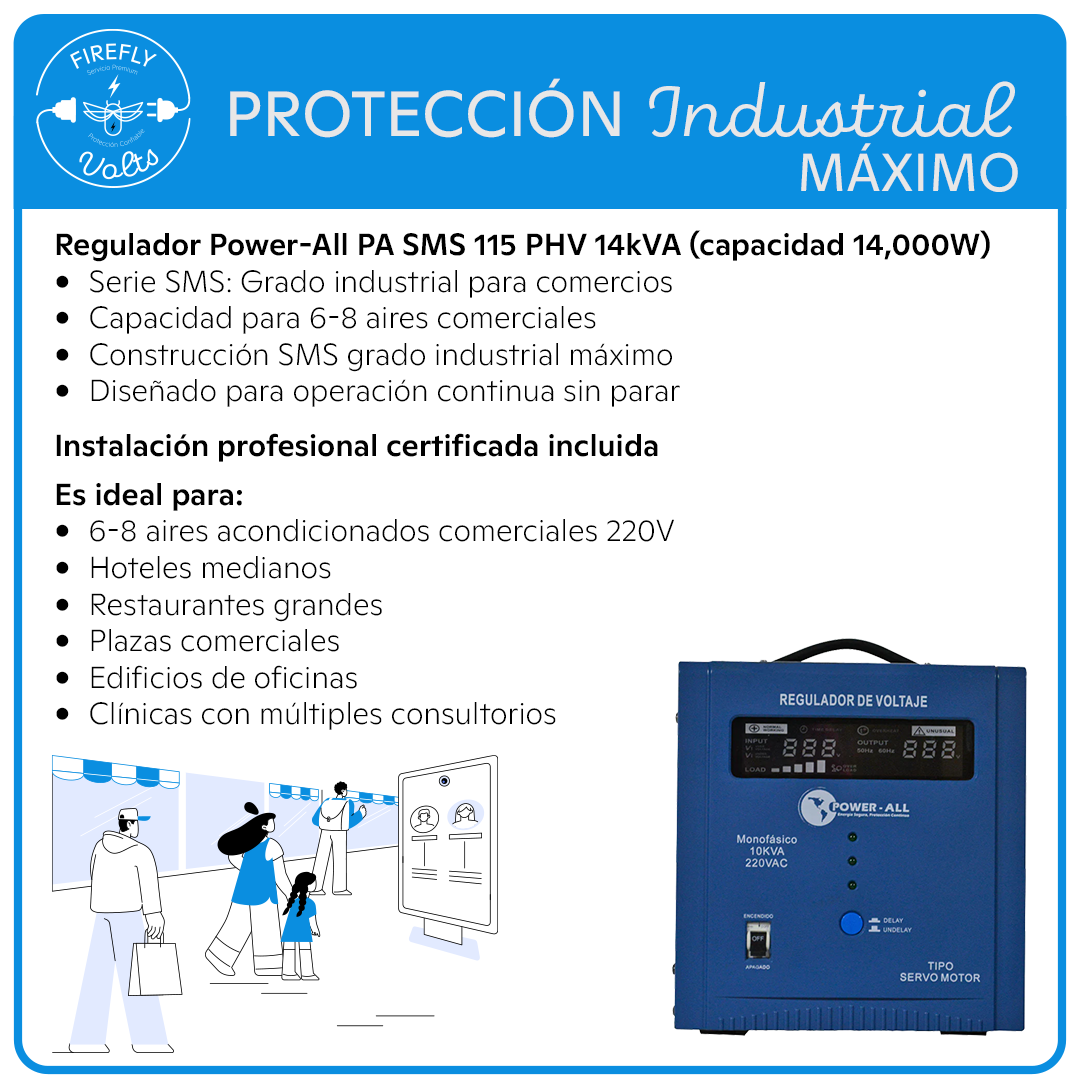 Protección para 6-8 Aires 220V | Regulador SMS 14kVA Industrial Máximo | Instalación Incluida